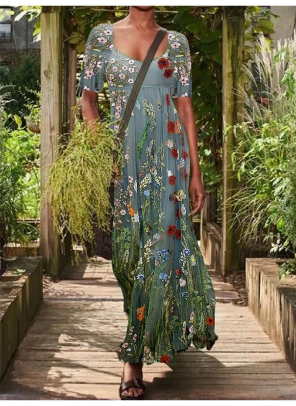 Casual Vintage Floral Print U Neck Short Sleeves Maxi Dress