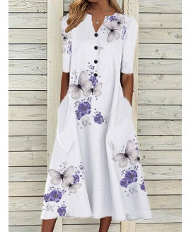 Butterfly Print Long Sleeve Casual Maxi Dress 