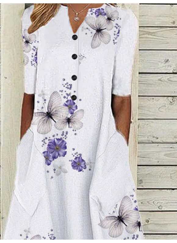 Butterfly Print Long Sleeve Casual Maxi Dress