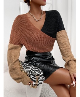 Women's Fashion or Block Stitching V-neck Woolen Top 