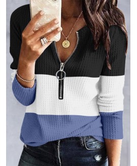 Round Neck Zipper Casual Loose Striped Long-sleeved T-shirt 