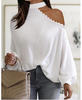 Fashion Daily Loose Round Long Sleeve Neck Asymmetrical Strapless Polyester Winter Sweater 