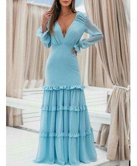 Blue or Long Sleeve V-neck Tiered Maxi Dress Elegant 