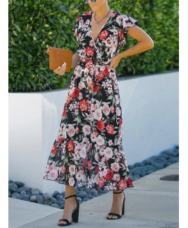 Floral Print V-neck Short Sleeve Maxi Dress 