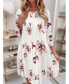 Round Neck Casual Loose Floral Print Long Sleeve Short Dress 