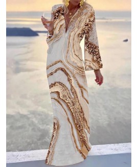 Women's Loose Gold V-Neck Print Dress 