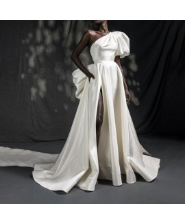 Women's Elegant One Shoulder Design White Evening Dress 