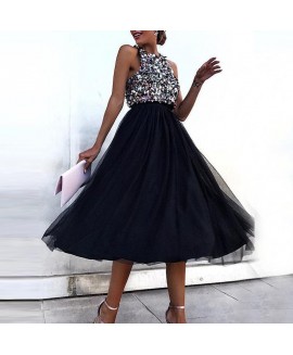 Women's Fashion Sweet Sleeveless Sequin Stitched Black Yarn High Waist Dress 