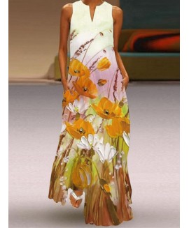 V-neck Floral Print Sleeveless Maxi Dress 