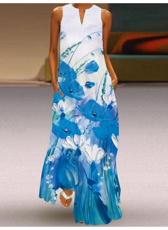 V-neck Floral Print Sleeveless Maxi Dress