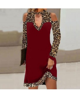 Leopard Print trast Panel Off-Shoulder Long Sleeve Dress 