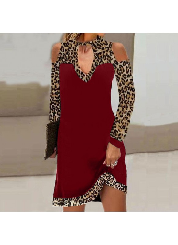 Leopard Print trast Panel Off-Shoulder Long Sleeve Dress