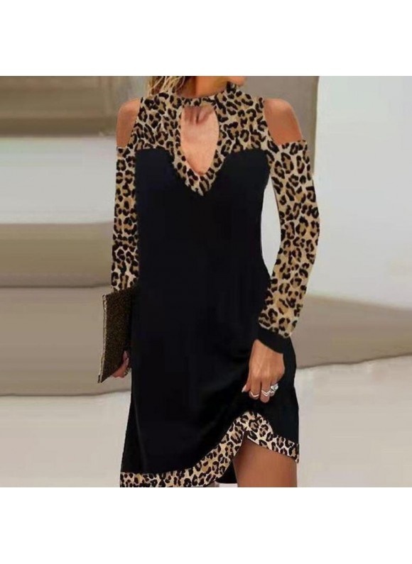 Leopard Print trast Panel Off-Shoulder Long Sleeve Dress