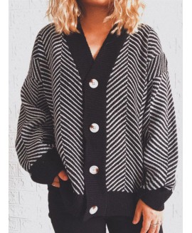 V-neck Striped Casual Loose Sweater Cardigan 