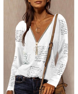 V-neck Zip Letter Print Loose Casual Long Sleeve T-shirt 