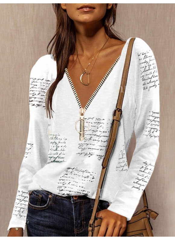 V-neck Zip Letter Print Loose Casual Long Sleeve T-shirt