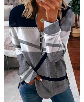Casual Print Zipper V Neck Long Sleeves Sweatshirt 