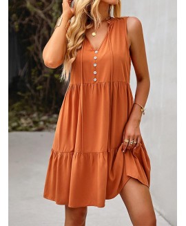 Casual Solid or V-Neck Panel Sleeveless Short Dress 
