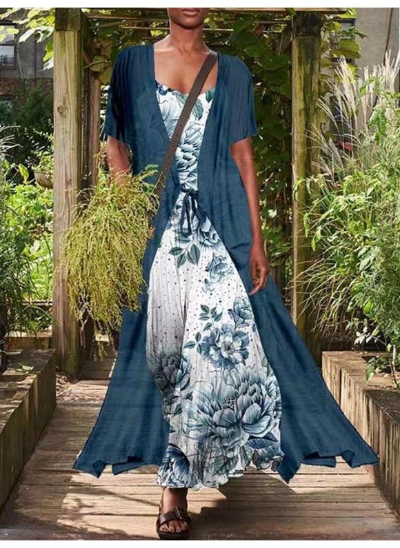 V-neck Casual Loose Floral Print Sleeveless Maxi Dress