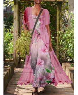 Casual Loose Floral Print Suit Short Sleeve Maxi Dress 
