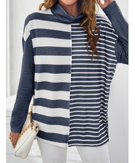 Casual High-Neck Striped Stitching Printed Loose T-Shirt 