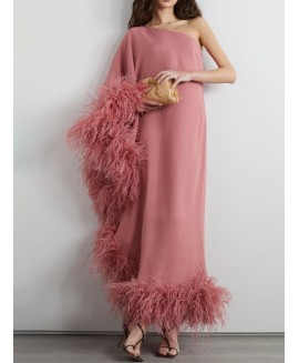 Women's Fashion Elegant Grey Pink Slanted Shoulder Feather Dress 