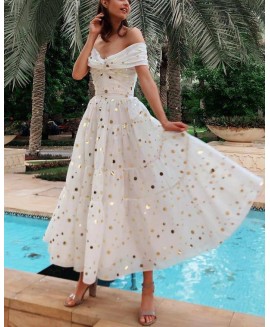 Elegant One-word Shoulder Polka Dot Dress 