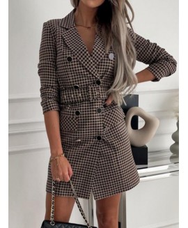 Fashion Printed Plaid Suit Jacket Dress Women 