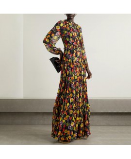 Women's Elegant Floral Print Long Sleeve Chiffon Dress 