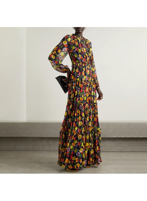 Women's Elegant Floral Print Long Sleeve Chiffon Dress