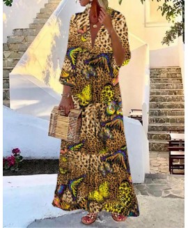 Casual V Neck Leopard Print Maxi Dress 