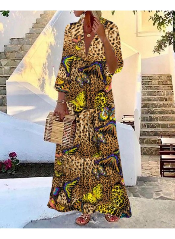 Casual V Neck Leopard Print Maxi Dress