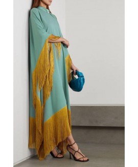 Women's Elegant Simple Turquoise Silk Fringe Long Dress 