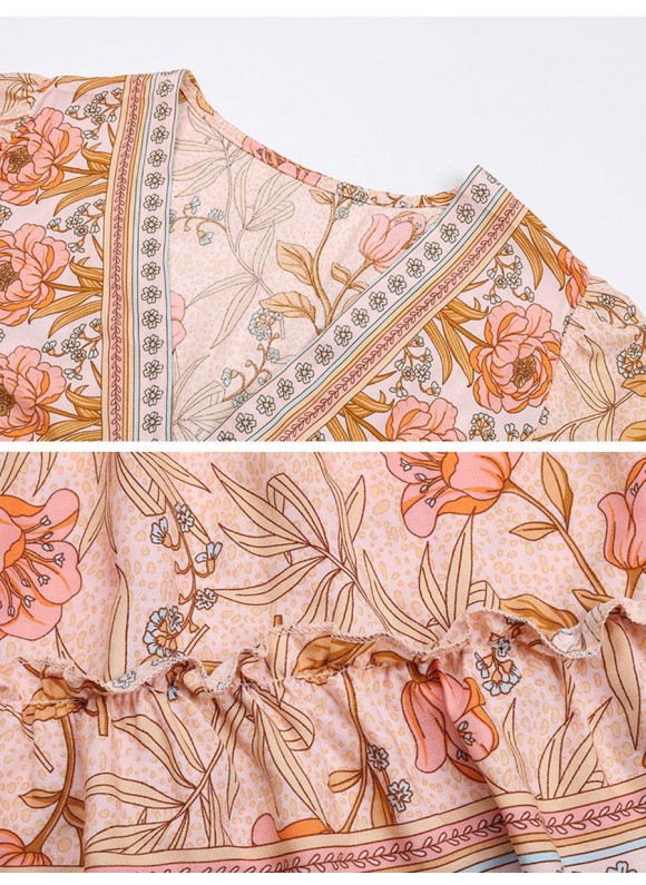 V-neck Loose Casual Floral Print Panel Short Sleeve Midi Dress