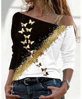 Fashion Butterfly printed one-shoulder T-shirt 