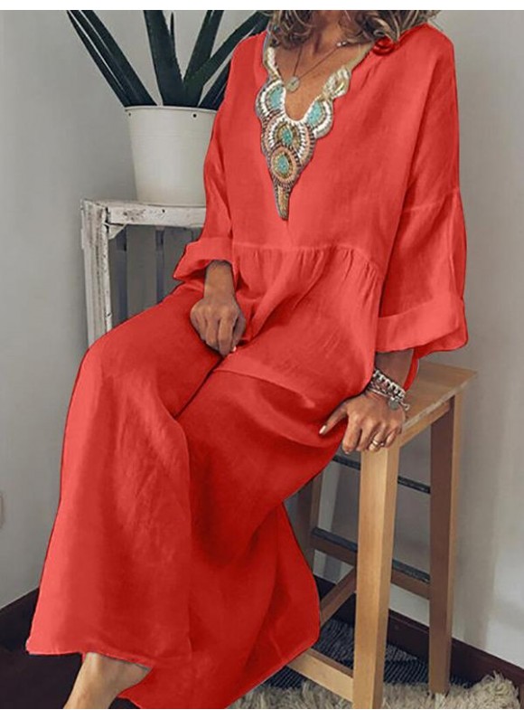 Casual V-neck Printed Long-sleeved Dress
