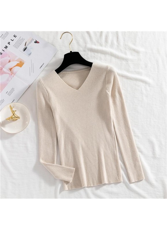 Solid or V-neck Ribbed Knit Long Sleeve Top