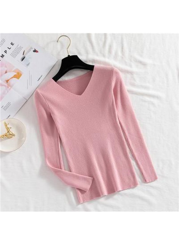 Solid or V-neck Ribbed Knit Long Sleeve Top