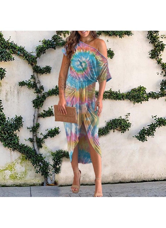 Tie-dyed Print or One-shoulder Maxi Dress
