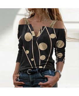 Fashion Woman daily Long Sleeve Off-shoulder Polka Dot Print Polyester Top 