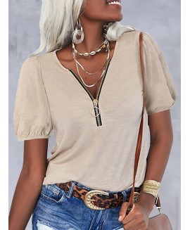 V-neck Zipper Casual Loose Solid or Short-sleeved T-shirt 