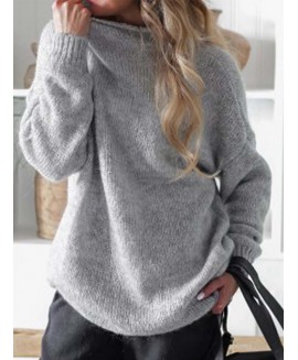 Casual Solid or High Neck Long Sleeves Loose Sweater 