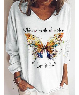V-neck Butterfly Letter Print Loose Long-sleeved T-shirt 