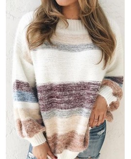 Round Neck Striped Print Loose Casual Women'S Sweater 