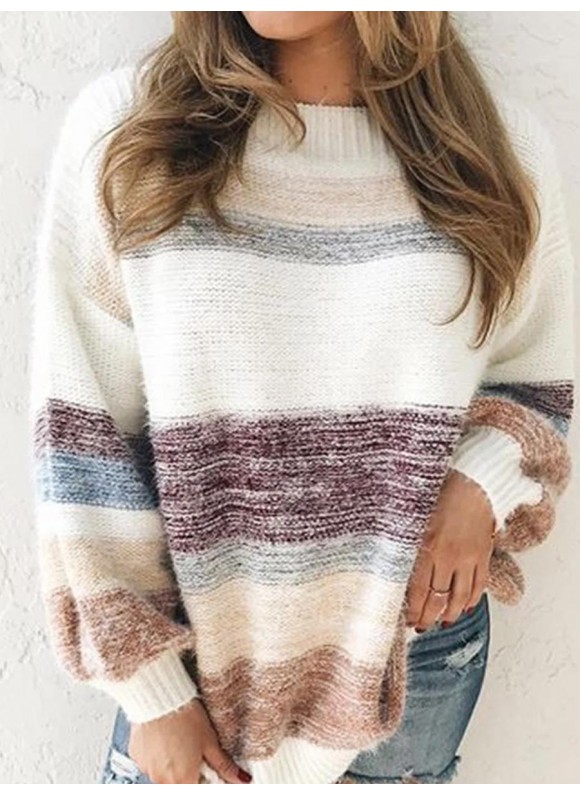 Round Neck Striped Print Loose Casual Women'S Sweater