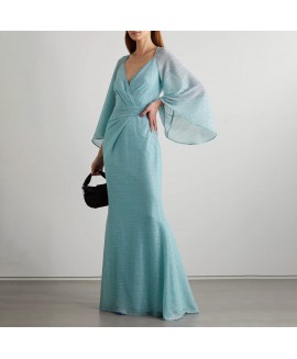 Women's Fashion Elegant V-Neck Aqua Blue Dress 