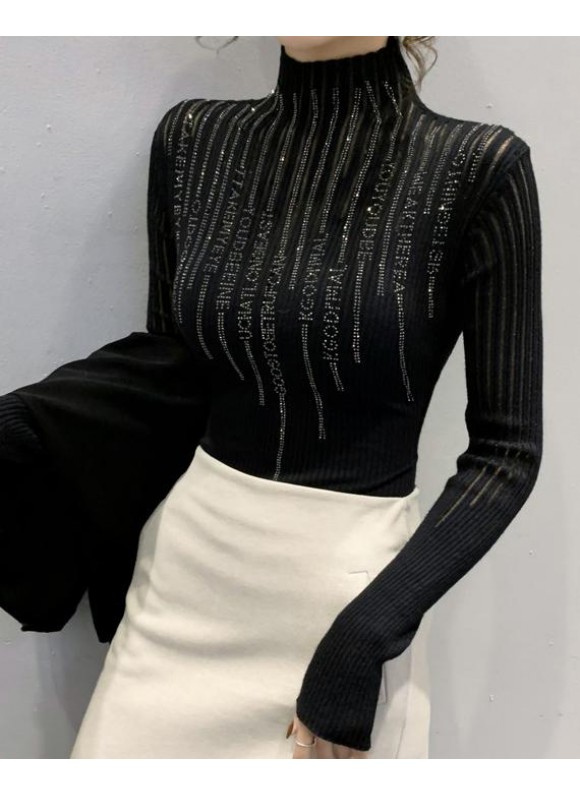 High Neck Sequined Slim Fit Long Sleeve T-Shirt