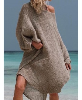 Fashion Casual ton And Linen Long Sleeve Dress 