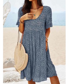 Floral Print Mid-length Casual Short-sleeved Shift Dress 