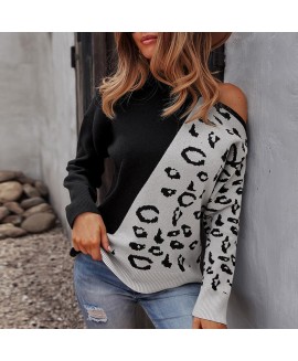 Fashion All-match Leopard Print Stitching Sweater 